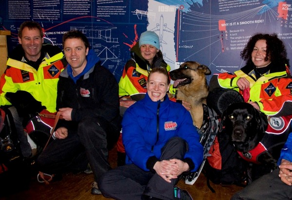 Group photo at Shotover Canyon Swing L-R: Brent Macdonald with dog Ella, Shotover Canyon Swing Operations Manager Brad Cutler, Vladka Slivora with dog Jacques, Claire Stewart and Heidi Hoffman with dog Vice.